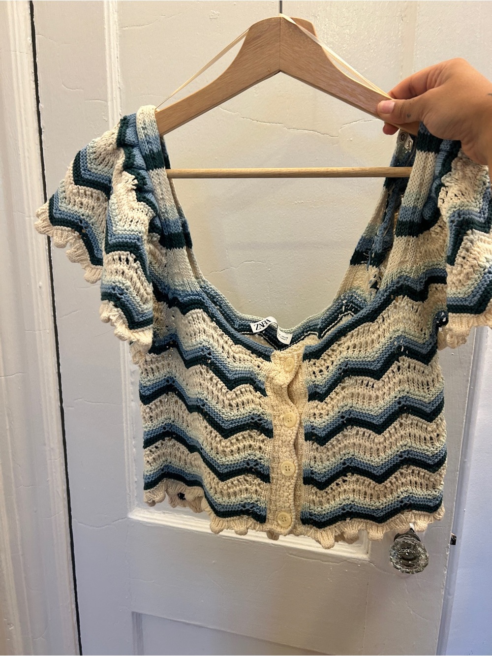Zara Cream and Blue Crochet Wave-Striped Button Crop Top